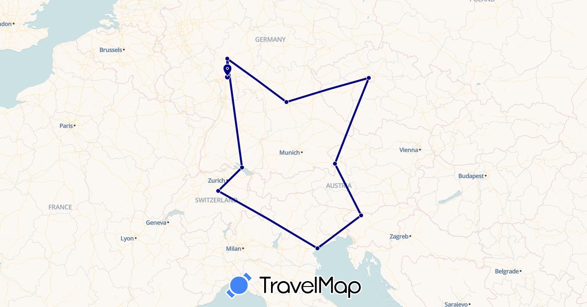 TravelMap itinerary: driving in Austria, Switzerland, Czech Republic, Germany, Italy, Slovenia (Europe)