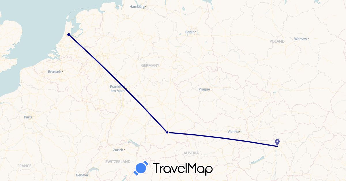 TravelMap itinerary: driving in Germany, Hungary, Netherlands (Europe)